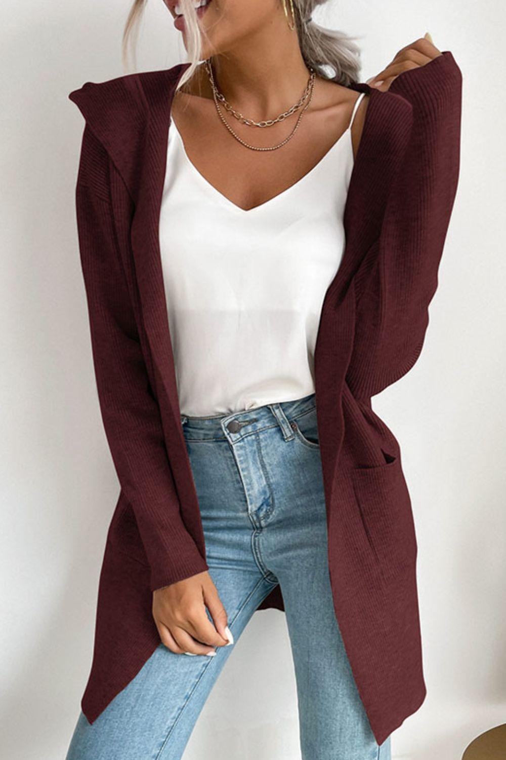 R&B | geripptes offen-front Cardigan mit Kapuze und Taschen