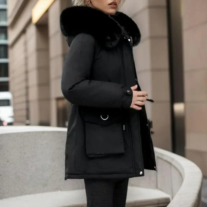 R&B | Parka Mantel – Isoliert Mid-Thigh Passform – Kunstfell Kapuze – Verstellbare Taille