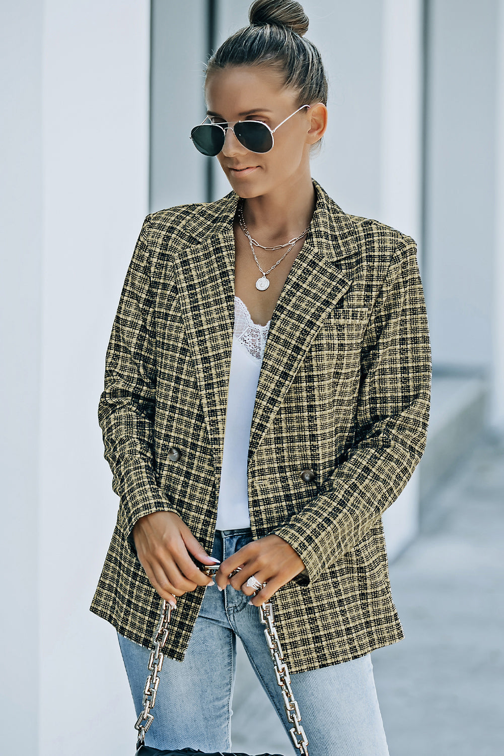 R&B | Karierter Doppelreiher Langarm-Blazer