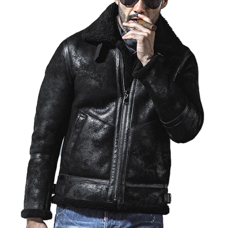 Herren Lammfell-Bikerjacke mit luxuriösem Teddyfutter und praktischen Details