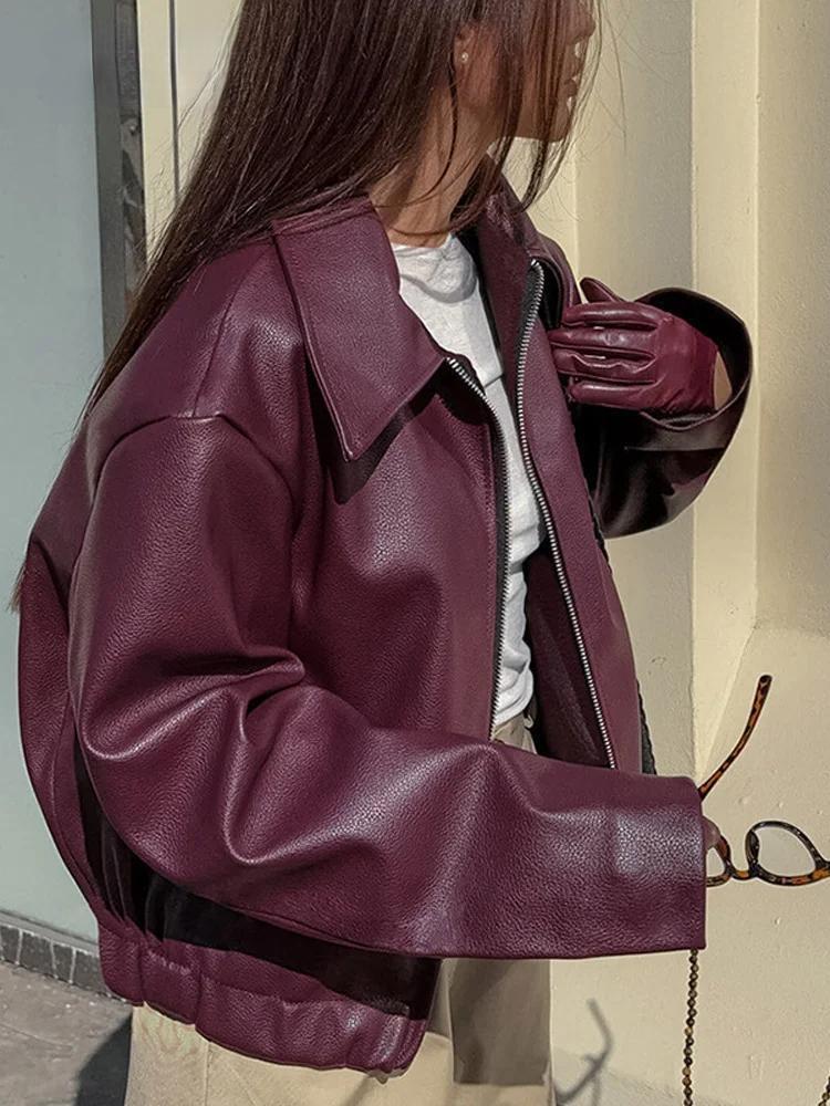 R&B | Bordeaux Rot Faux Leder Jacke mit Stilvollem Reverskragen und Reißverschlussdetail