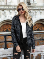 R&B | PU-Jacke mit Kapuze und durchgehendem Reißverschluss