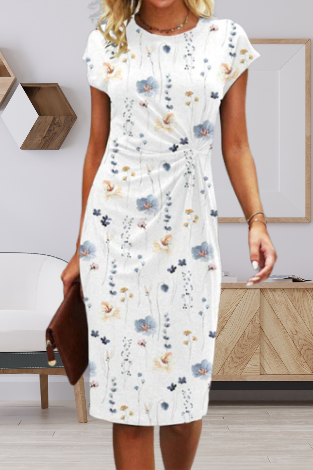 R&B | Midi-Kleid mit Blumenmuster und Gedrehtem Vorderteil