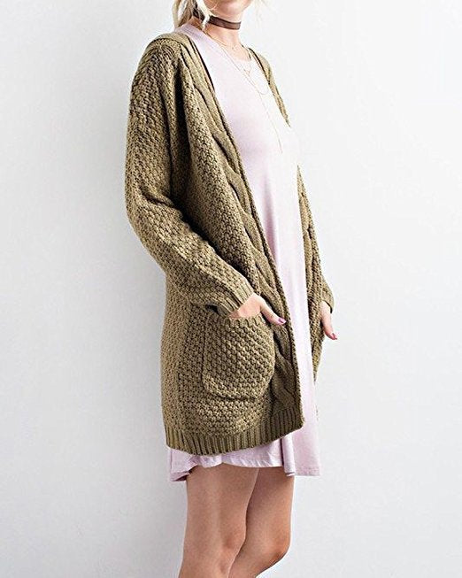 Damen lässige Strickjacke mit großen Taschen und offenem Design R&B