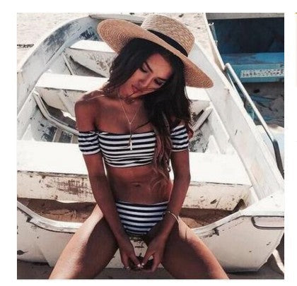 Damen Off-Shoulder Bikini-Set mit maritimem Streifenmuster R&B