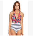 Damen Einteiler Badeanzug mit Rundhalsausschnitt und gestreiftem Design R&B
