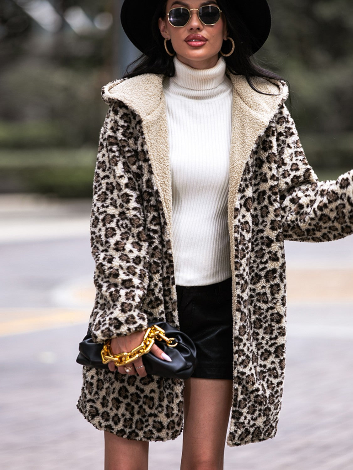 R&B | Leoparden Kapuzenmantel mit Taschen