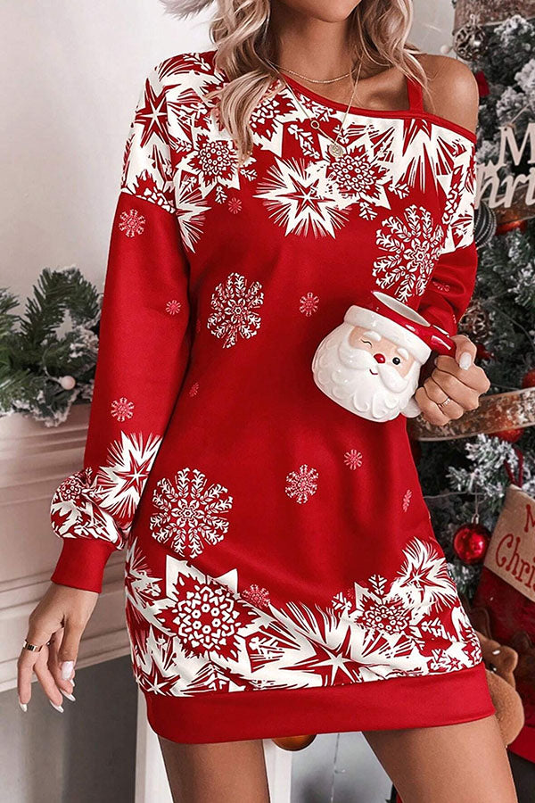 R&B | Weihnachts-Schneeflocke Kalt-Schulter Lockeres Sweatshirt Mini Kleid