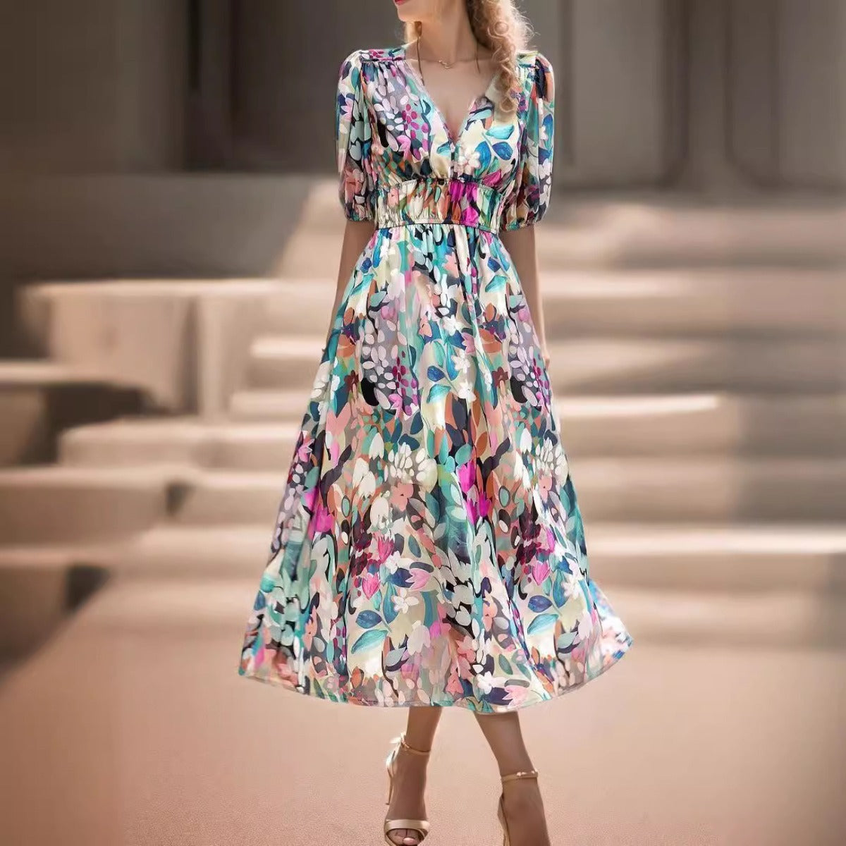 R&B | Bedrucktes Kleid mit V-Ausschnitt in der Taille