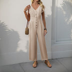 R&B | V-Ausschnitt einfarbiger elastischer Overall mit hoher Taille und weitem Bein