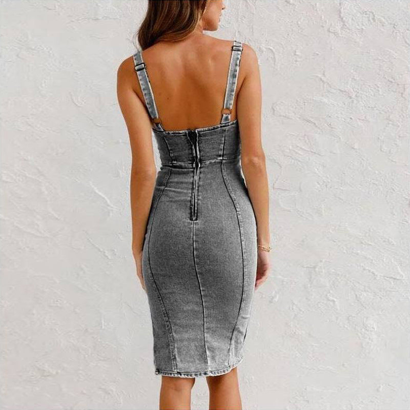 R&B | Träger-Jeanskleid mit U-Ausschnitt - Sommerliches, Lässiges, Eng Anliegendes Slim-Fit-Kleid mit Schlitzdesign
