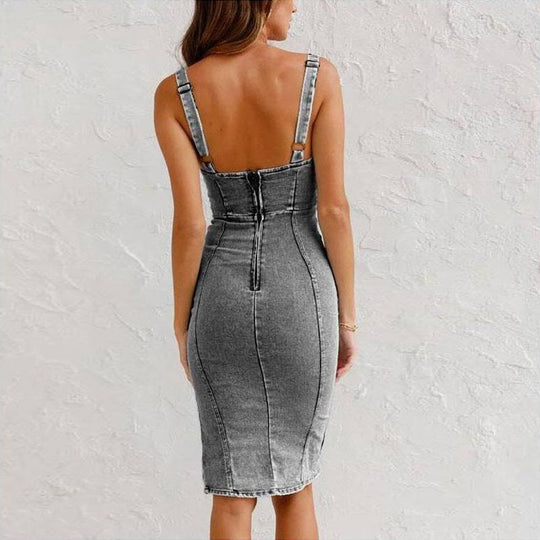 R&B | Träger-Jeanskleid mit U-Ausschnitt - Sommerliches, Lässiges, Eng Anliegendes Slim-Fit-Kleid mit Schlitzdesign