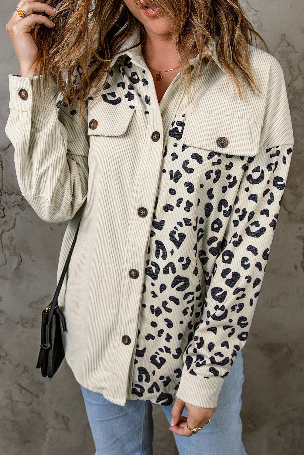 R&B | Double Take Leopard Print Pocketed Cord-Jacke
