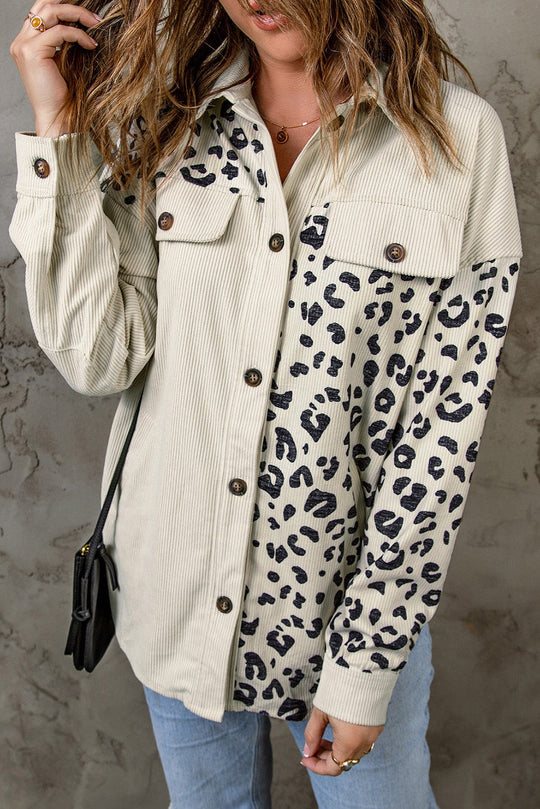 R&B | Double Take Leopard Print Pocketed Cord-Jacke