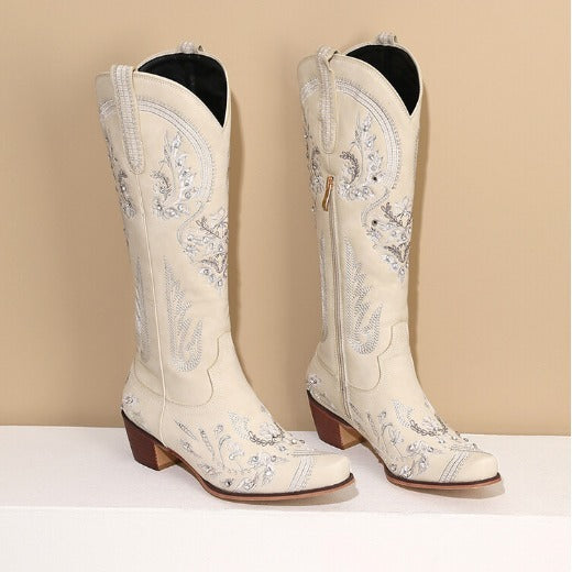 R&B | Bestickte Western Denim Retro Damen Knielange Stiefel