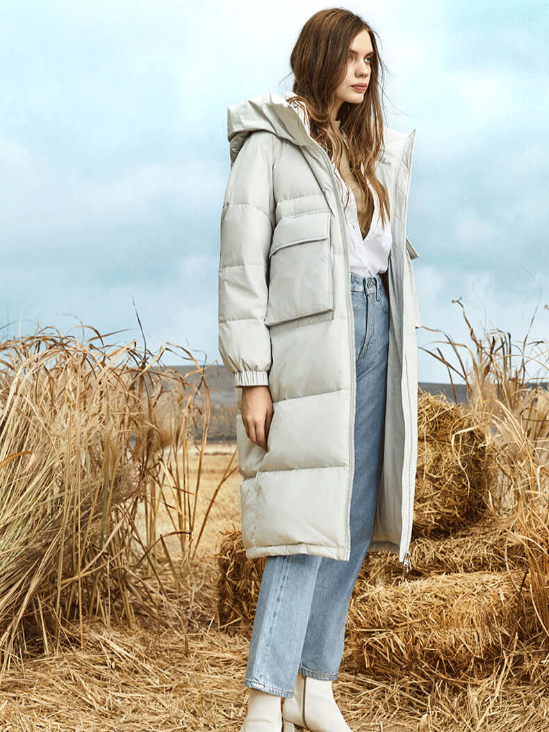 R&B | Damen Lange Winter Pufferjacke mit Kapuze