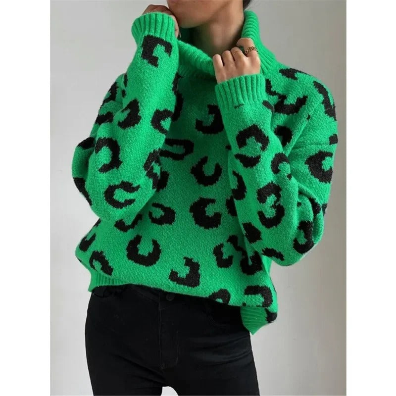 R&B | Lässiger Rollkragen-Strickpullover mit Leopardenmuster