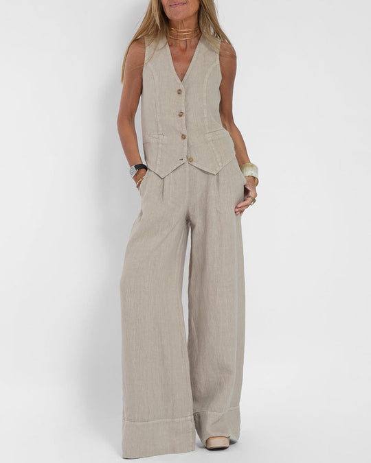 R&B | Elegantes 2-Teiliges Set Leinen Weite Hose & Weste