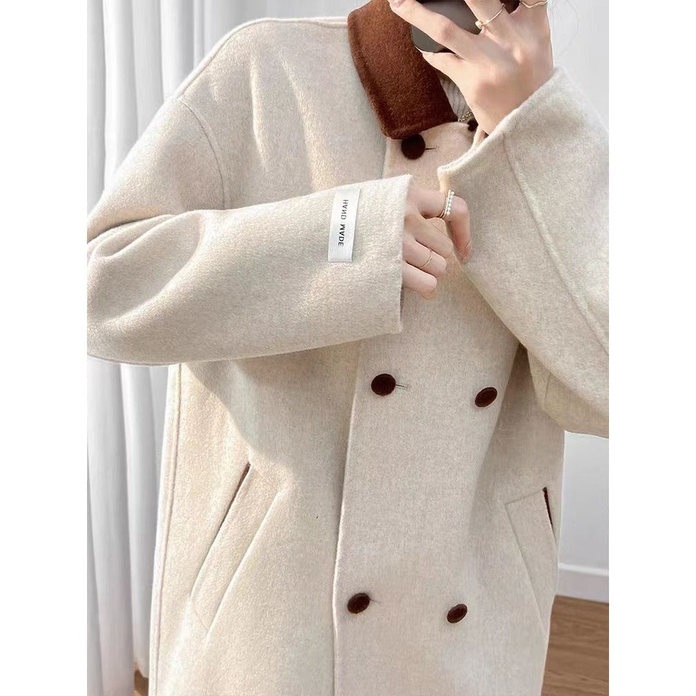 R&B | Wollmischung Lange Jacke mit Braunem Kragen für Damen