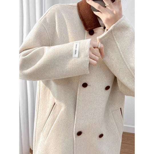 R&B | Wollmischung Lange Jacke mit Braunem Kragen für Damen