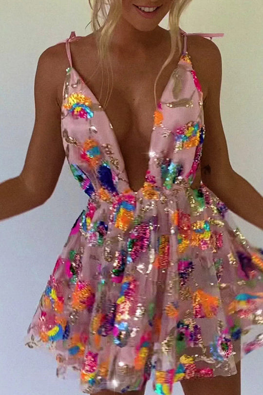 R&B | V-Ausschnitt Offene Rücken Pailletten Blumen Binde A-Linie Mini Kleid