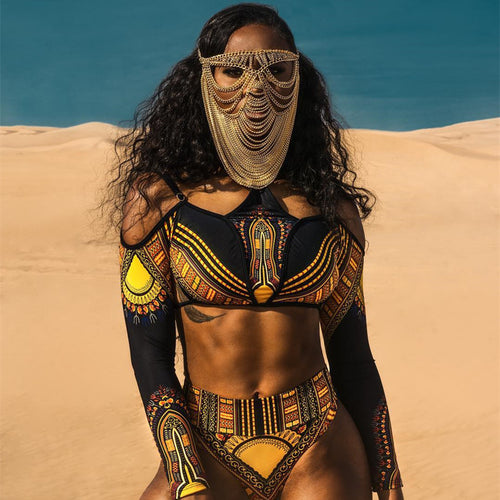 Damen Crop-Top Bikini mit langen Ärmeln und innovativem Muster R&B
