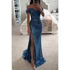 Glitzerndes Damen Abendkleid Schulterfreies Maxikleid mit Schlitz für Hochzeit & Fest | R&B