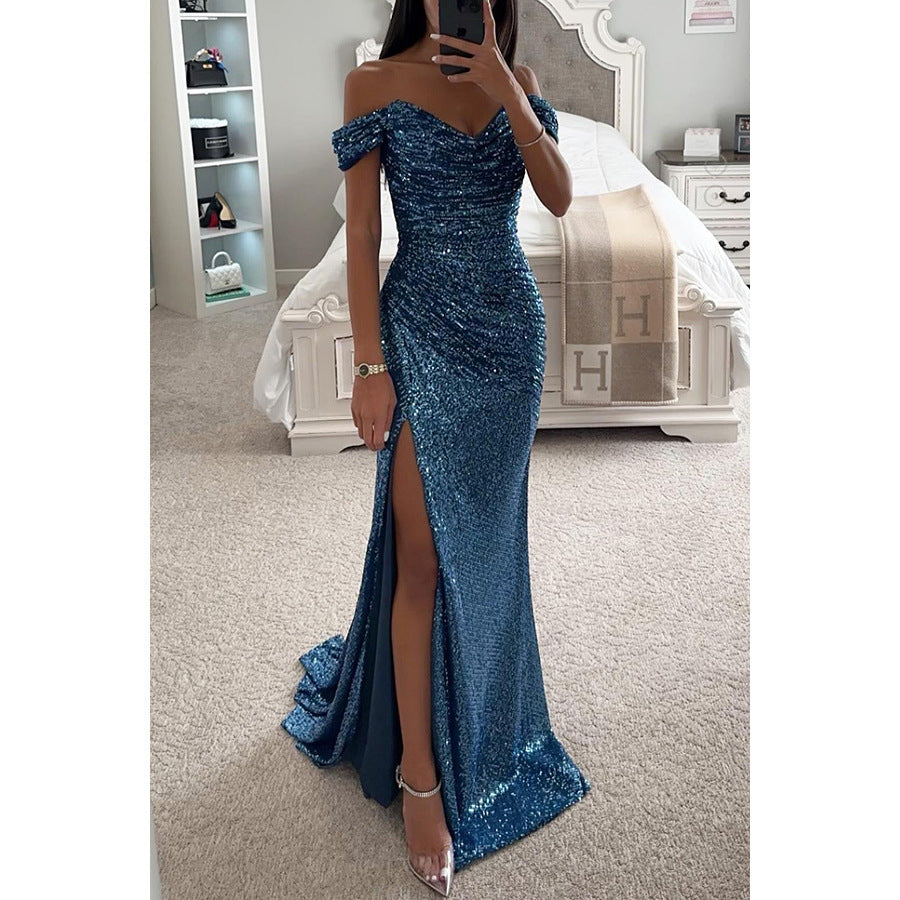 Glitzerndes Damen Abendkleid Schulterfreies Maxikleid mit Schlitz für Hochzeit & Fest | R&B