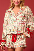 R&B | Weihnachtsdruck Schnürung Bündchen Oberteil und elastischer Taillenbund Taschen Freizeit Shorts Set