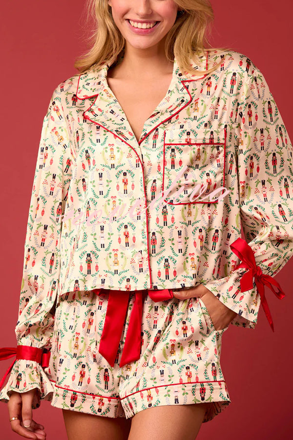 R&B | Weihnachtsdruck Schnürung Bündchen Oberteil und elastischer Taillenbund Taschen Freizeit Shorts Set