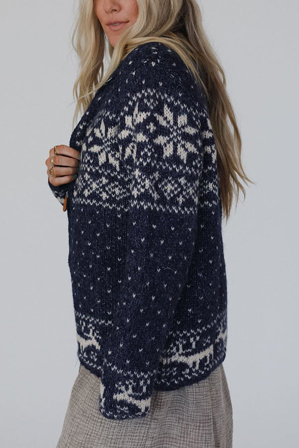 R&B | Weihnachts-Schneeflocken-Elch-Reißverschluss Langarmpullover