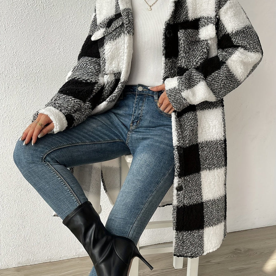 R&B | Teddy Coat - Übergroße Passform - Karomuster - Mittel-länge - Klappentaschen