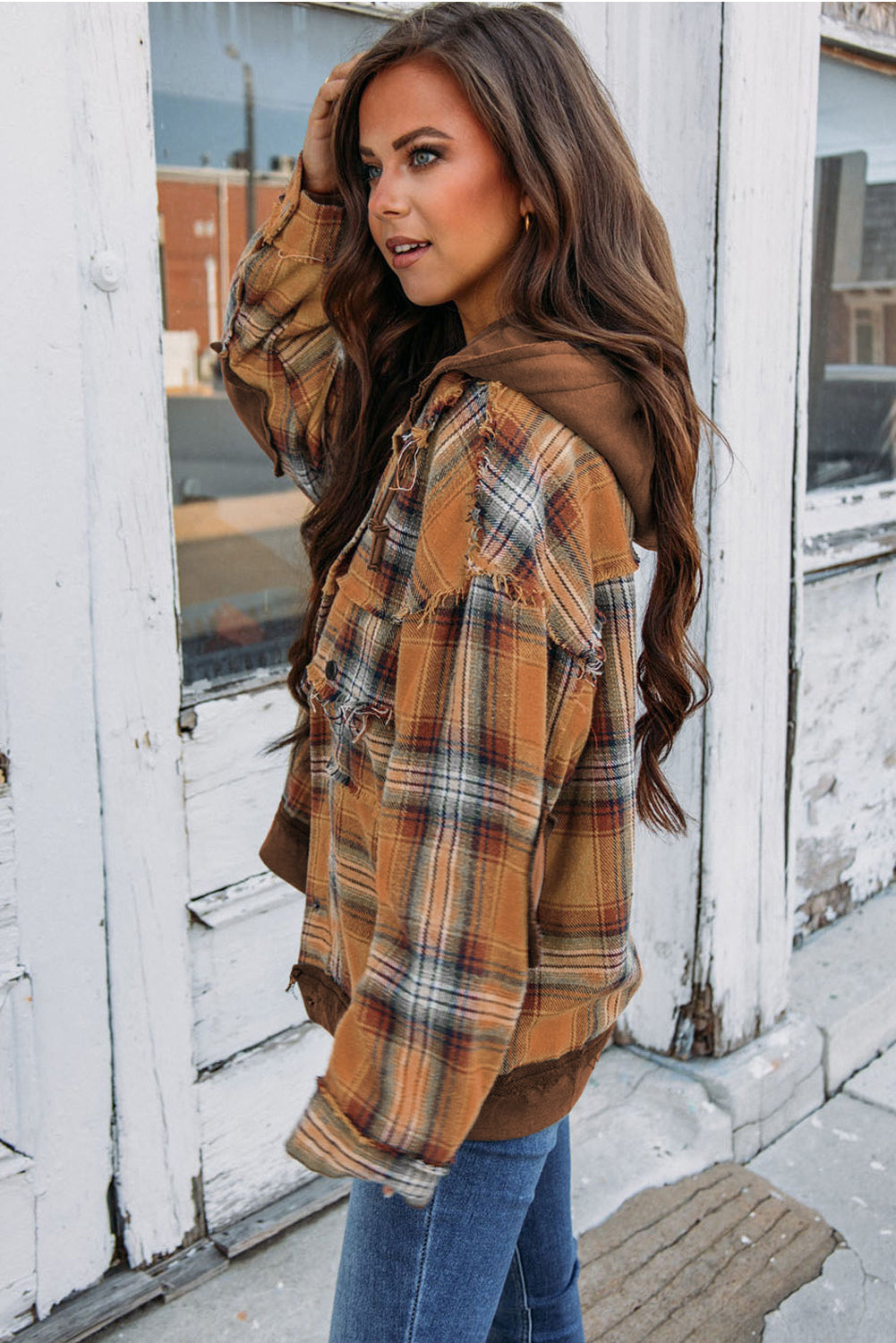 R&B | Karierte Jacke mit Kapuze und Rohen Kanten Baumwolle Lässig und Trendy