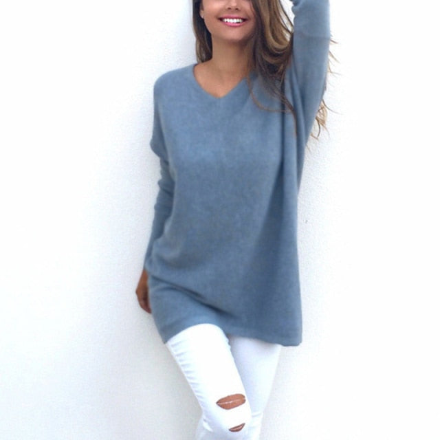 R&B - Sweater |Eleganter langer Pullover mit V-Ausschnitt für Damen