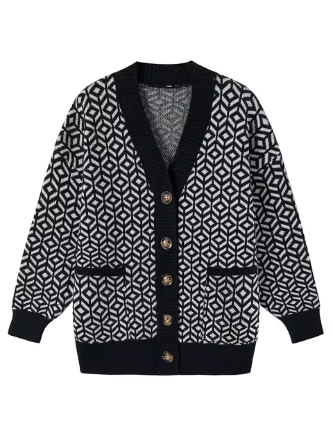 R&B | Strickcardigan mit geometrischem Muster und Knopfleiste