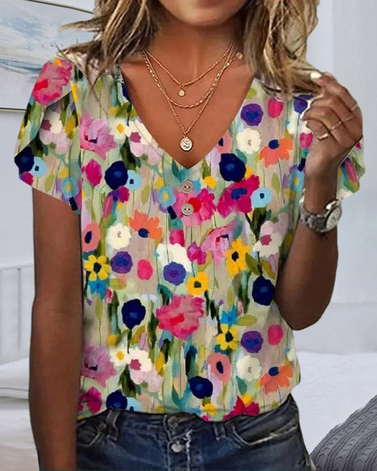 R&B | Kurzärmlige Farbenfrohe Blumenbluse mit V-Ausschnitt