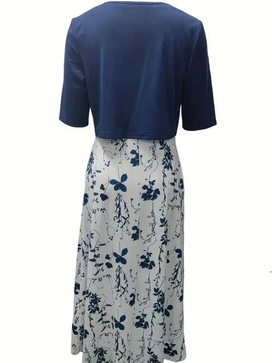 elegantes zweiteiliges Blumenkleid-Set mit einfarbigem Crop-Top und Kleid mit Rundhalsausschnitt