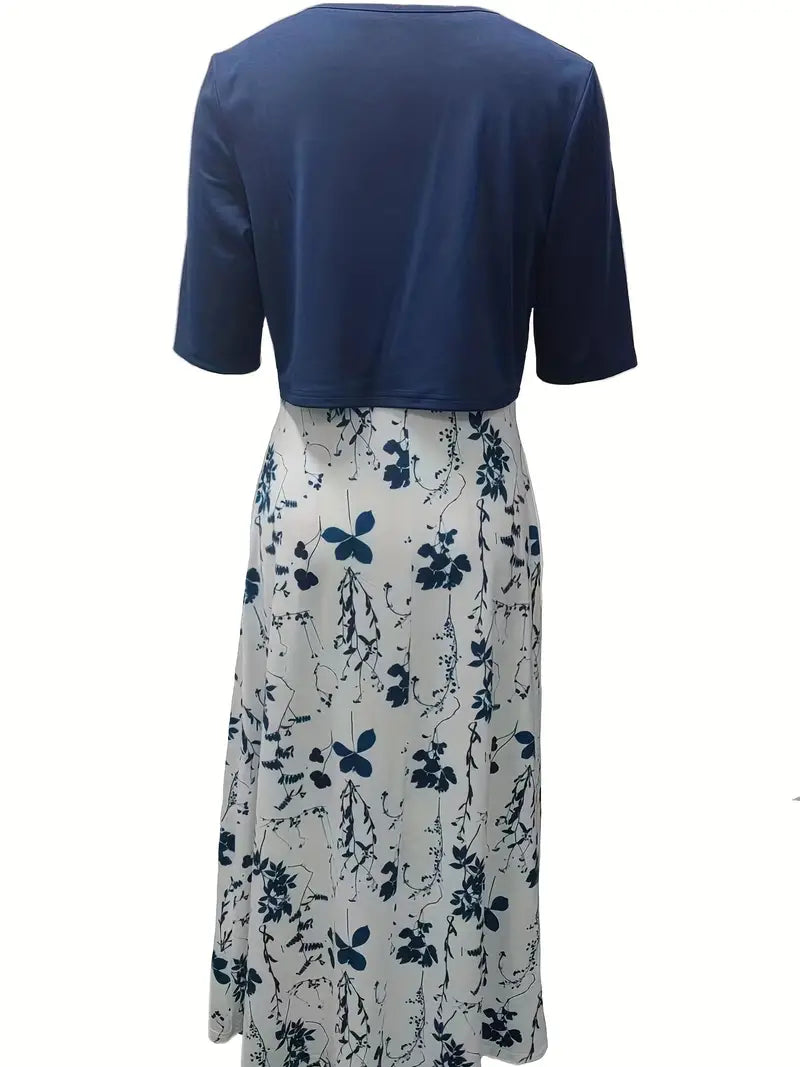 R&B – elegantes zweiteiliges blumenkleid-set mit einfarbigem crop-top und kleid mit rundhalsausschnitt