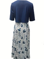 elegantes zweiteiliges Blumenkleid-Set mit einfarbigem Crop-Top und Kleid mit Rundhalsausschnitt