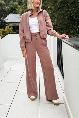 R&B | Sleek Full Zip Jacke und Hohe Taille Elastischer Bund Taschen Weite Beinform Sweatpants Set