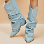 R&B | Gefaltete Denim-Stiefel mit Blockabsatz
