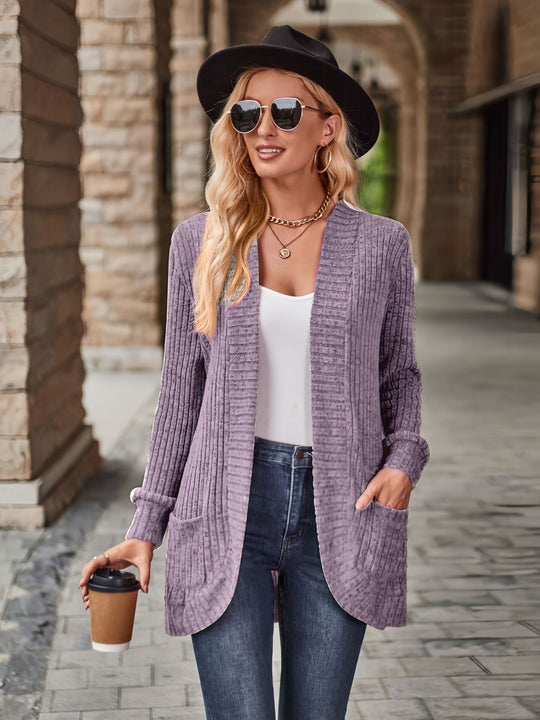 R&B | Damen Gerippter Offener Vorderseite Strickjacke Lange Ärmeln Lässig Strickpullover mit Taschen