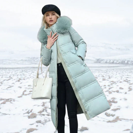 R&B | Slim Fit Überknielange Jacke mit Pelzkragen und Gürtel