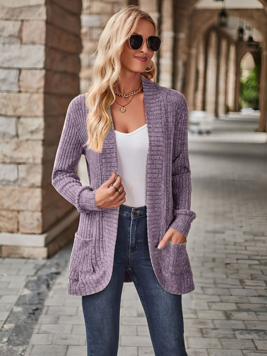 R&B | Damen Gerippter Offener Vorderseite Strickjacke Lange Ärmeln Lässig Strickpullover mit Taschen