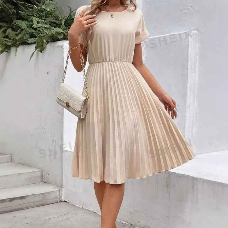 R&B | Einfarbig Plissierter Kurzarmkleid