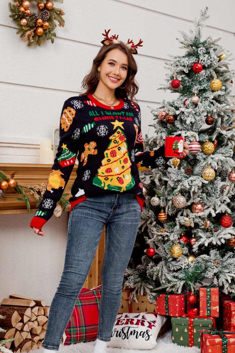 R&B | Lässiger Rundhals Pullover mit besticktem Weihnachtsbaum
