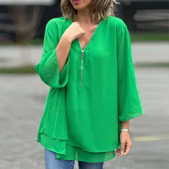 R&B | Chiffon Reißverschluss Top mit V-Ausschnitt