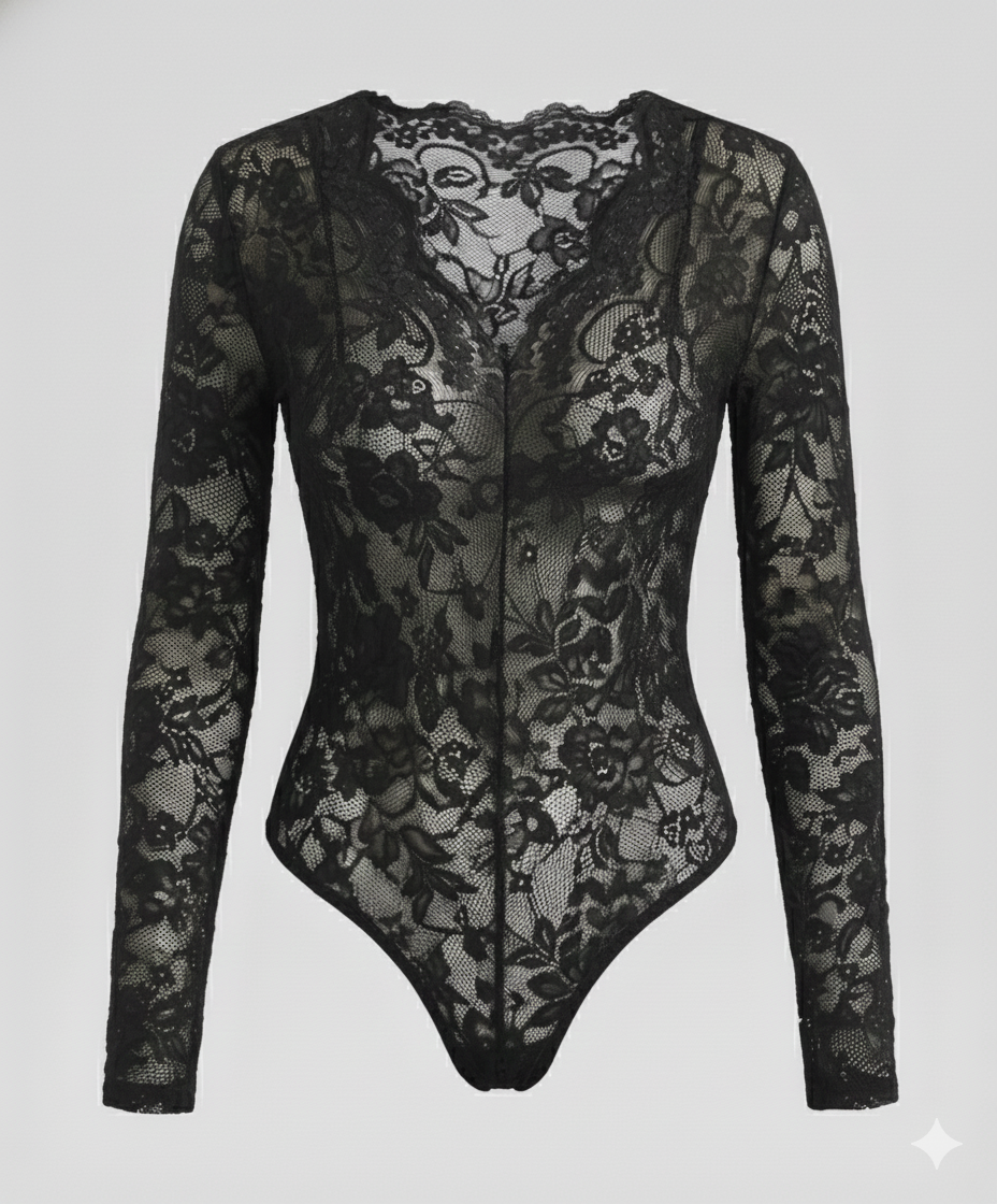 Damen Spitzenbody Langarm V-Ausschnitt | R&B