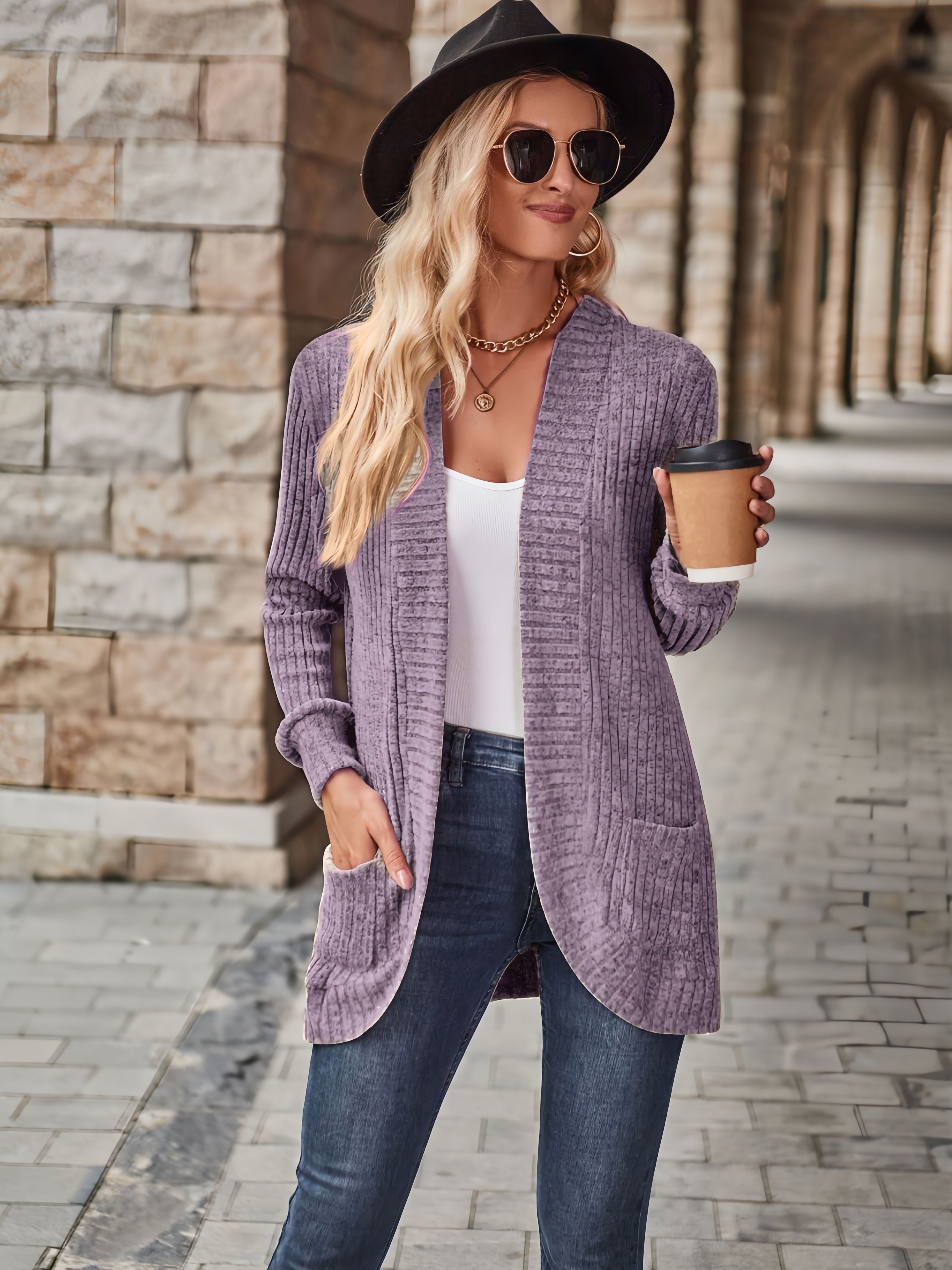R&B | Damen Gerippter Offener Vorderseite Strickjacke Lange Ärmeln Lässig Strickpullover mit Taschen