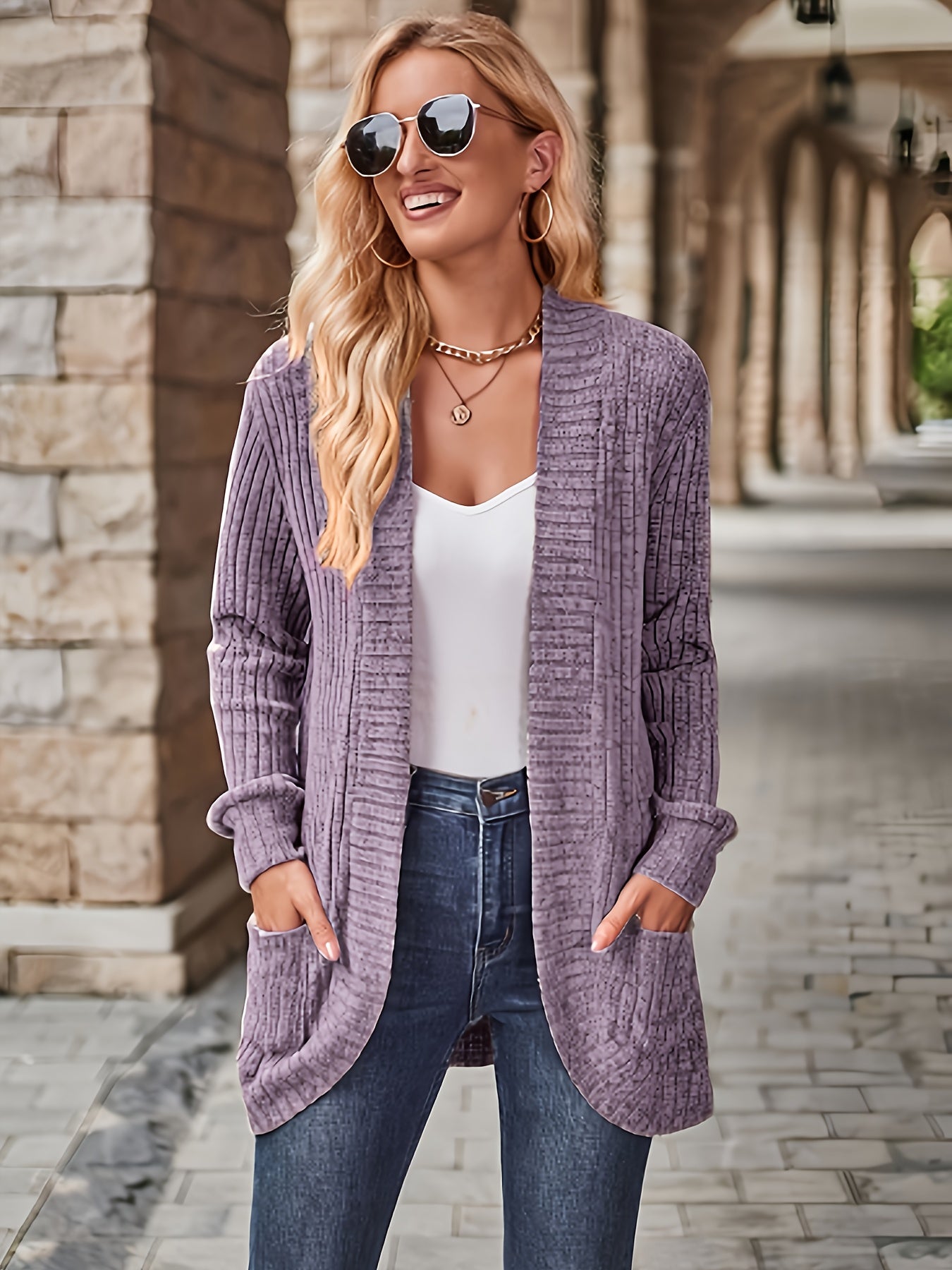 R&B | Damen Gerippter Offener Vorderseite Strickjacke Lange Ärmeln Lässig Strickpullover mit Taschen